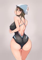  ass bare_back baron_(nsbaron) black_one-piece_swimsuit blue_hat breasts brown_eyes brown_hair commentary_request covered_nipples curvy female girls_und_panzer hat large_breasts long_hair looking_at_viewer looking_back mika_(girls_und_panzer) one-piece_swimsuit parted_lips pink_background smile solo swimsuit thigh_gap thighs tulip_hat wide_hips 