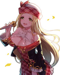  backlighting bare_shoulders blonde_hair blush breasts cleavage cleavage_cutout clothing_cutout commentary_request diola_(granblue_fantasy) dress eyebrows female granblue_fantasy hat holding holding_microphone large_breasts long_hair long_sleeves looking_at_viewer microphone necktie open_mouth photoshop_(medium) plaid plaid_dress ririko_(zhuoyandesailaer) simple_background smile solo tareme teeth upper_teeth_only very_long_hair white_background yellow_eyes 