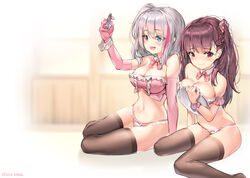  2girls anthro aqua_eyes blush girls_frontline gray_hair lee_seok_ho mdr_(girls_frontline) panties pantyhose red_eyes red_hair short_hair signed thighhighs underwear wa2000_(girls_frontline) 