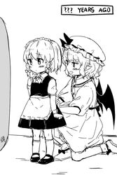  2girls age_difference aged_down apron blush chinese_commentary commentary demon_wings dressing_another english_text greyscale hat height_difference highres izayoi_sakuya maid maid_apron maid_headdress mirror mob_cap monochrome multiple_girls plug_(feng-yushu) pointy_ears remilia_scarlet socks touhou wings 