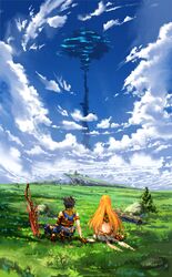  1boy absurdres aegis_sword_(xenoblade) arm_at_side arm_support armlet artistic_error ass bad_id bad_twitter_id blue_sky brown_gloves brown_hair bush cloud commentary_request day female field finger_touching from_behind gloves grass highres mythra_(xenoblade) outdoors planted planted_sword poteto_(potetosarada123) rex_(xenoblade) rock scenery short_hair sitting sky sword tree weapon xenoblade_chronicles_(series) xenoblade_chronicles_2 