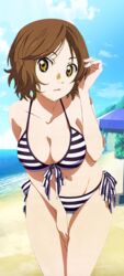  beach bikini breasts brown_hair day eyefly18 female headshop highres katou_megumi outdoors saenai_heroine_no_sodatekata sawabe_tsubaki shigatsu_wa_kimi_no_uso short_hair solo striped_bikini striped_clothes swimsuit third-party_edit 