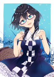  :d bare_arms bare_shoulders black_hair blue-framed_eyewear blue_bow blue_dress blue_eyes blue_ribbon blush bow breasts checkered commentary_request dress female glasses hair_between_eyes hands_up head_tilt instrument koto_(instrument) long_hair miyabi_akino nadeshiko_doremisora open_mouth ribbon semi-rimless_eyewear sleeveless sleeveless_dress small_breasts smile solo togawa_kano under-rim_eyewear 