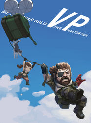  1boy brown_hair chibi cloud commentary_request day diamond_dog eyepatch falling female highres long_hair loped metal_gear_(series) metal_gear_solid metal_gear_solid_v:_the_phantom_pain military military_vehicle motor_vehicle pantyhose parachute parody photoshop_(medium) ponytail quiet_(metal_gear) rope russell_(up) sky tank torn_clothes torn_pantyhose up_(disney) venom_snake wolf 