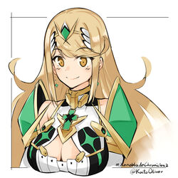  armor blonde_hair breasts cleavage cleavage_cutout clothing_cutout commentary_request earrings female gem headpiece highres jewelry large_breasts long_hair mythra_(xenoblade) oliver_koito solo swept_bangs tiara xenoblade_chronicles_(series) xenoblade_chronicles_2 yellow_eyes 