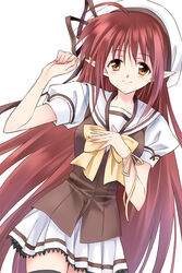  agahari black_legwear blush bow brown_eyes commentary_request female hat hat_ribbon lisianthus long_hair national_verbena_academy_school_uniform pointy_ears red_hair ribbon school_uniform shuffle! simple_background thighhighs very_long_hair white_background yellow_bow zettai_ryouiki 