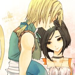  1boy black_hair blonde_hair bodysuit choker commentary_request female final_fantasy final_fantasy_ix garnet_til_alexandros_xvii orange_bodysuit short_hair smile tail yadoso zidane_tribal 