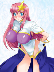  bad_id bad_pixiv_id bent_over blue_eyes blush breasts commentary_request covered_nipples female gloves gundam gundam_seed gundam_seed_destiny hair_ornament highleg highleg_leotard large_breasts leotard long_hair looking_at_viewer meer_campbell pink_hair solo star_(symbol) star_hair_ornament tooru_jin 