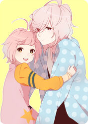  2boys :&gt; ahoge asahina_louis asahina_wataru bad_id bad_pixiv_id bishounen brothers brothers_conflict jacket kairi_1996 long_hair male_focus multiple_boys pink_hair purple_eyes siblings smile yellow_eyes 