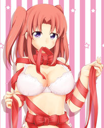  bow bra breasts cleavage collarbone commentary_request female large_breasts looking_at_viewer mikakunin_de_shinkoukei mouth_hold photoshop_(medium) purple_eyes red_hair ribbon solo two_side_up underwear white_bra yonomori_kobeni yuu_(oosakazaijyuu) 