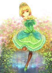  bare_shoulders blonde_hair commentary_request dress fantasy_earth_zero female gloves green_eyes highres pantyhose ryouku short_hair solo 