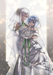  2girls alternate_hairstyle bare_shoulders blue_eyes blue_hair bouquet breasts bridal_veil bride choker cleavage closed_mouth collarbone colored_eyelashes commentary_request detached_collar dress elf emilia_(re:zero) flower full_body gem hair_flower hair_ornament hair_up head_tilt high_heels highres holding_hands kabane_(follabi) leg_up looking_at_viewer medium_breasts multiple_girls pantyhose pointy_ears purple_eyes re:zero_kara_hajimeru_isekai_seikatsu rem_(re:zero) rose shoes short_hair smile sparkle standing strapless strapless_dress veil wedding_dress white_dress white_flower white_footwear white_hair white_legwear white_rose wife_and_wife yuri 