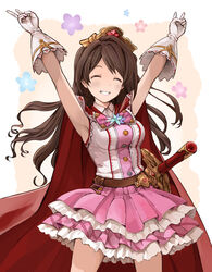  absurdres brown_hair cape closed_eyes commentary_request double_v female gloves granblue_fantasy highres idolmaster idolmaster_cinderella_girls long_hair max_melon one_side_up shimamura_uzuki smile solo tiara v 