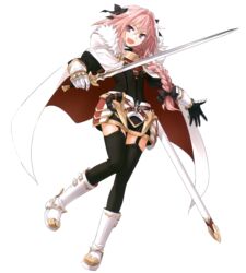  1boy androgynous black_legwear boots bow braid fate/apocrypha fate/grand_order fate_(series) garter_straps gauntlets hair_ribbon hairbow highres konoe_ototsugu long_hair oerba_yun_fang official_art open_mouth pink_eyes pink_hair ribbon rider_of_black simple_background single_braid solo sword thighhighs trap weapon 