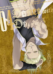  1boy blonde_hair dance_with_devils german_text highres jewelry looking_at_viewer male_focus nanashiro_mage navel necklace official_art open_clothes open_shirt outstretched_hand shirt smile solo translated upside-down white_shirt yellow_eyes 