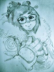  black-framed_eyewear coat commentary_request female fur-trimmed_jacket fur_coat fur_trim glasses hair_bun hair_ornament hair_stick highres jacket mei_(overwatch) monochrome overwatch overwatch_1 single_hair_bun snowflake_hair_ornament solo swept_bangs tanuma_yuuichirou winter_clothes winter_coat 