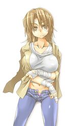  bad_id bad_pixiv_id bandaged_arm bandaged_fingers bandages bandaid bandaid_on_face breasts brown_eyes commentary_request denim female ga_geijutsuka_art_design_class hair_down jacket jacket_on_shoulders jeans kaitou_reiko large_breasts light_brown_hair looking_at_viewer midriff nozaki_namiko open_pants oteruko_(wanabeee) panties pants shirt solo underwear white_background white_shirt 