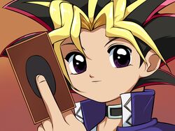  1boy anime_coloring bad_id bad_pixiv_id blonde_hair card cardcaptor_sakura commentary dyed_bangs english_commentary fujita_mariko_(style) holding holding_card looking_at_viewer male_focus multicolored_hair muto_yugi parody parted_bangs pepipopo purple_eyes school_uniform solo spiked_hair style_parody two-tone_hair upper_body yu-gi-oh! yu-gi-oh!_duel_monsters 