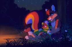  akitamonster anthro badger black_nose blue_eyes canid canine canis domestic_dog duo grass implied_fire mammal mustelid musteline night outside plant sitting sky smile star starry_sky 