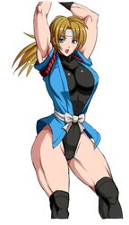  arms_up blonde_hair blue_eyes blush breasts female hairband large_breasts leotard long_hair looking_at_viewer martial_champion open_mouth racheal solo thighhighs 