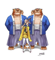  4boys :&lt; alternate_costume animal arms_behind_back bandages bei_ju_luoxuan_wan closed_mouth clothes_writing commentary_request cosplay female furisode furry furry_male gazelle gazelle_(zootopia) gintama glasses hachimaki happi headband height_difference holding holding_microphone japanese_clothes kimono legs_apart long_sleeves looking_at_viewer microphone multiple_boys obi pants photoshop_(medium) pose purple_eyes sash shimura_shinpachi shimura_shinpachi_(cosplay) short_kimono short_sleeves simple_background standing terakado_tsu terakado_tsu_(cosplay) thighhighs tiger_boy tiger_dancers white_background white_legwear wide_sleeves zettai_ryouiki zootopia 