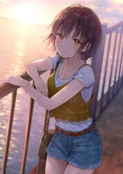  bag belt blue_shorts blush bracelet breasts brown_eyes brown_hair cleavage collarbone commentary_request cowboy_shot day denim denim_shorts female from_above fukahire_(ruinon) handbag jewelry looking_at_viewer ocean original outdoors parted_lips shirt short_hair short_shorts short_sleeves shorts sky small_breasts solo sorai_mahiru_(fukahire) standing sunset white_shirt 