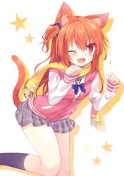  ;d animal_ears bad_id bad_pixiv_id bent_over black_socks blue_scrunchie blush brown_hair cat_ears cat_girl cat_tail commentary_request female grey_skirt hair_between_eyes hair_ornament hair_scrunchie inaba_meguru jacket kamichi_miyaki kemonomimi_mode kneehighs letterman_jacket looking_at_viewer miniskirt oerba_yun_fang one_eye_closed open_mouth orange_scarf paw_pose plaid plaid_skirt pleated_skirt red_eyes sanoba_witch scarf school_uniform scrunchie side_ponytail sidelocks skirt sleeves_past_wrists smile socks solo tail yellow_scarf 