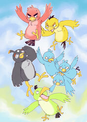  2014 absurd_res ambiguous_gender angry angry_birds anthro anthrofied avian barefoot beak bird bodily_fluids chuck_(angry_birds) cloud digital_drawing_(artwork) digital_media_(artwork) feet flying group hi_res male nude open_mouth outside red_(angry_birds) rovio_entertainment sega simple_background sky skyscape slugsdog sweat 