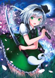  black_bow black_bowtie black_hairband bow bowtie cherry_blossoms commentary_request female green_eyes green_skirt green_vest grey_hair hairband highres holding holding_sword holding_weapon katana konpaku_youmu moni_(credo) open_mouth petals puffy_short_sleeves puffy_sleeves shirt short_hair short_sleeves skirt solo sword touhou vest weapon white_shirt 