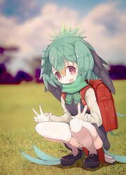  :d alternate_costume backpack bad_id bad_twitter_id bag bird_tail bird_wings blonde_hair commentary double_v dress female green_hair grey_hair head_wings highres kemono_friends loafers long_hair open_mouth outdoors resplendent_quetzal_(kemono_friends) scarf shoes smile solo squatting tail teranekosu thighhighs v wings 