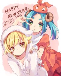  2015 2girls :o animal_hood aqua_hair blonde_hair blush blush_stickers commentary_request duplicate green_eyes hand_on_another&#039;s_shoulder happy_new_year hat hood horns kotoyoro long_hair looking_at_viewer monogatari_(series) multiple_girls new_year nonono_(nononotea) ononoki_yotsugi oshino_shinobu pixel-perfect_duplicate pom_pom_(clothes) sheep_hood sheep_horns short_eyebrows short_sleeves twintails v v_over_eye yellow_eyes 