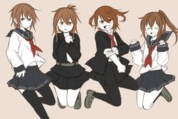  4girls anchor_symbol blazer brown_eyes brown_hair closed_eyes commentary cosplay costume_switch fumizuki_(kancolle) fumizuki_(kancolle)_(cosplay) hair_ornament hairclip ikazuchi_(kancolle) ikazuchi_(kancolle)_(cosplay) inazuma_(kancolle) inazuma_(kancolle)_(cosplay) jacket jumping kantai_collection loafers long_hair multiple_girls navel oerba_yun_fang open_mouth pantyhose pleated_skirt ponytail sailor_collar sailor_collar_lift school_uniform serafuku shoes short_hair simple_background skirt sleeves_rolled_up sorata_(sorairo_honpo) thighhighs uniform wakaba_(kancolle) wakaba_(kancolle)_(cosplay) 