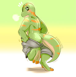  ambiguous_gender anthro ass barefoot biped blush bodily_fluids bottomwear clothed clothing digitigrade feet gecko hadou_(satsui-n0-had0u) lizard looking_back pants rear_view reptile satsui-n0-had0u scalie sighing signature solo standing sweat topless 