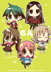  5girls black_eyes black_hair blush_stickers brown_eyes brown_hair chibi clenched_hand closed_eyes commentary_request copyright_name cover cover_page crossed_arms double_bun doujin_cover flower ga_geijutsuka_art_design_class green_eyes green_hair green_skirt hair_bun hair_flower hair_ornament hairpin hayashi_tsugumi jitome light_brown_hair long_hair looking_at_viewer multiple_girls noda_miki nozaki_namiko oomichi_miyabi photoshop_(medium) pink_hair pleated_skirt school_uniform short_hair side_ponytail sigh skirt tomokane waving yamaguchi_kisaragi 