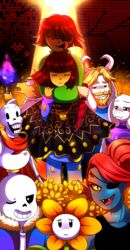  2016 alphys animated_skeleton asgore_dreemurr better_version_at_source bone boss_monster_(undertale) bovid caprine chara_(undertale) clothed clothing eye_patch eyewear female fire fish flora flower flowey_the_flower frisk_(undertale) fur glasses grin group hair hi_res horn human knife lizard male mammal marine one_eye_closed papyrus_(undertale) plant red_hair reptile sans_(undertale) scalie skeleton smile teeth toriel undead undertale undertale_(series) undyne watermark weapon white_body white_fur wink yogurtyard_(artist) 