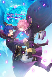  1boy :d arms_up bad_id bad_pixiv_id birthday black_gloves blue_hair boots character_name cursive dual_persona english_text eye_contact falling female fire_emblem fire_emblem_awakening gloves glowing hair_between_eyes happy hino_michi hood hooded_jacket jacket knee_boots long_sleeves looking_at_another morgan_(female)_(fire_emblem) morgan_(fire_emblem) morgan_(male)_(fire_emblem) open_mouth outstretched_arms pants petals pink_hair short_hair smile teeth wavy_hair 