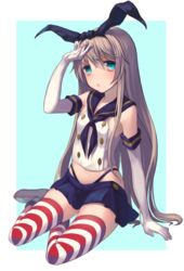  bad_id bad_pixiv_id blonde_hair blue_eyes elbow_gloves female fuyuzima gloves hairband highres kantai_collection long_hair shimakaze_(kancolle) sitting skirt solo striped_clothes striped_thighhighs thighhighs 