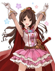  absurdres brown_eyes brown_hair cape commentary_request double_v female gloves granblue_fantasy highres idolmaster idolmaster_cinderella_girls long_hair max_melon one_side_up shimamura_uzuki solo tiara v 