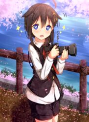  adapted_costume black_hair blue_eyes braid camera cherry_blossoms commentary_request cuon_(kuon) female hair_over_shoulder kantai_collection long_hair petals shigure_(kancolle) single_braid smile solo sparkling_eyes translated vest 