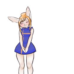  1:1 anthro big_ears blonde_hair blush closed_eyes clothing dress female fur hair lagomorph leporid liten_(character) mammal meerkay_(artist) rabbit simple_background smile solo swedish swedish_flag white_background white_body white_fur 