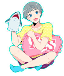  1boy bad_id bad_pixiv_id blue_eyes blue_socks blush free! full_body grey_hair hand_puppet male_focus mole mole_under_eye nitori_aiichirou open_mouth pillow pochi_(goodgrief) puppet shark simple_background smile socks solo white_background yes yes-no_pillow 