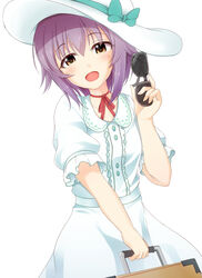  :d bow brown_eyes carrying choker commentary_request dress female hat hat_bow hat_ribbon head_tilt highres holding idolmaster idolmaster_cinderella_girls koshimizu_sachiko looking_at_viewer open_mouth photoshop_(medium) purple_hair ribbon ribbon_choker short_hair simple_background smile solo suitcase sun_hat sundress sunglasses white_background white_dress yuu_(oosakazaijyuu) 