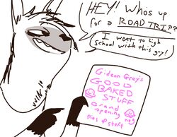  aardwolf anthro dialogue digital_drawing_(artwork) digital_media_(artwork) disney english_text fan_character hyena male mammal open_mouth open_smile pack_street paper simple_background smile solo speech_bubble teeth text the_weaver white_background wolter_(weaver) zootopia 