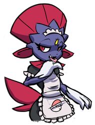  anthro apron bodily_fluids claws clothing conditional_dnp drooling female generation_4_pokemon hand_lick keijimatsu maid_uniform nintendo pokeball pokemon pokemon_(species) saliva simple_background solo teckworks uniform weavile 