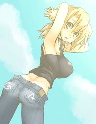  armpits arms_behind_head black_shirt breasts brown_eyes butt_crack cloud cloudy_sky commentary_request denim female ga_geijutsuka_art_design_class interlocked_fingers jeans large_breasts light_brown_hair looking_at_viewer nozaki_namiko oteruko_(wanabeee) own_hands_clasped own_hands_together pale_color pants shirt sky solo sweat tank_top 