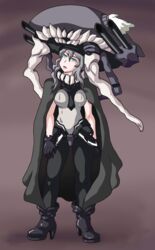  absurdres abyssal_ship black_legwear blue_eyes bodysuit commentary commission commissioner_upload english_commentary female full_body grey_hair highres ian_dimas kantai_collection looking_up monster short_hair skin_tight standing teeth tentacle wo-class_aircraft_carrier 