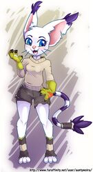  2018 anthro auntymoira bandai_namco biped breasts clothed clothing digimon digimon_(species) digital_media_(artwork) eyebrows eyelashes feet felid female full-length_portrait fully_clothed fur gatomon hi_res mammal open_mouth portrait simple_background solo standing teeth text toes tongue url 