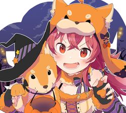  :d animal_hat bat_(animal) black_gloves blush bow canine chobota claw_pose commentary dog_hat female fingerless_gloves fur_collar gloves halloween halloween_bucket hat highres idolmaster idolmaster_shiny_colors komiya_kaho looking_at_viewer lower_teeth_only mamemaru_(shiny_colors) night oerba_yun_fang open_mouth pumpkin red_eyes red_hair shiba_inu smile solo striped striped_bow teeth twintails upper_body v-shaped_eyebrows witch_hat 