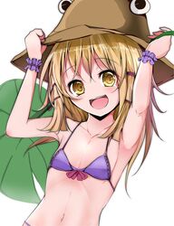  armpits arms_up backlighting bad_id bad_pixiv_id bikini blonde_hair collarbone female flat_chest hair_ribbon hat highres leaf_umbrella long_hair looking_at_viewer moriya_suwako navel open_mouth purple_bikini ribbon smile solo swimsuit touhou velia wrist_cuffs yellow_eyes 