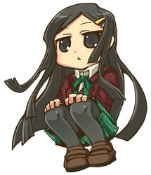  black_eyes black_hair black_pantyhose brown_footwear collared_shirt commentary_request female full_body ga_geijutsuka_art_design_class hair_ornament hairclip hands_on_own_knees konokono long_hair lowres oomichi_miyabi pantyhose ribbon school_uniform shirt shoes simple_background solo squatting white_background 